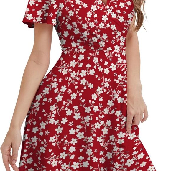 Women Summer Floral Sundress Plus Size Wrap V-Neck Ruffle Short Sleeves - Picture 3 of 6